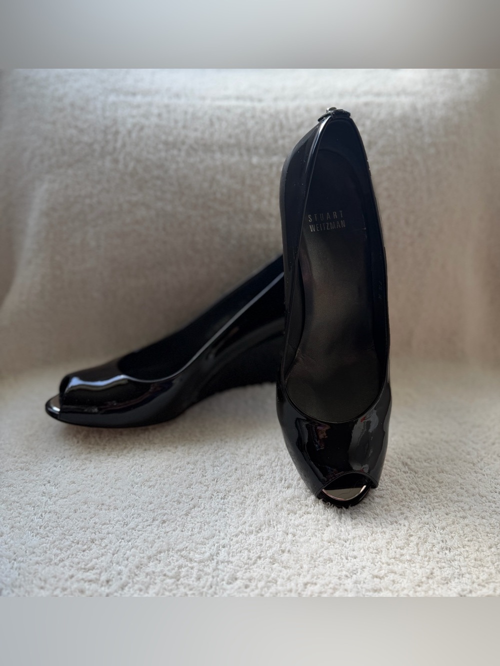 Stuart Weitzman Black Patent Leather Peep-toe Wedge Pumps Size 7.5
